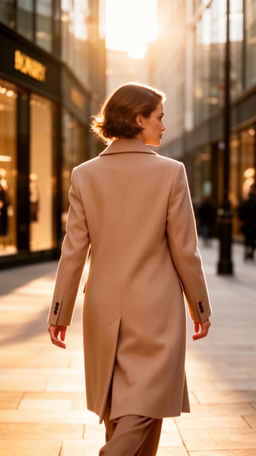 Modelo caminhando em rua urbana com luz dourada